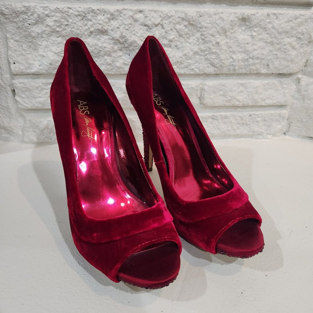 Red Velvet jeweled heels